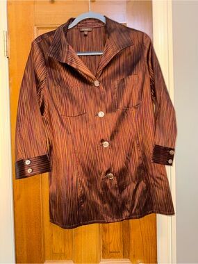 EUC Tesori Brown 100% Silk Stripe 3/4 Sleeve Jacket Blouse Size Large